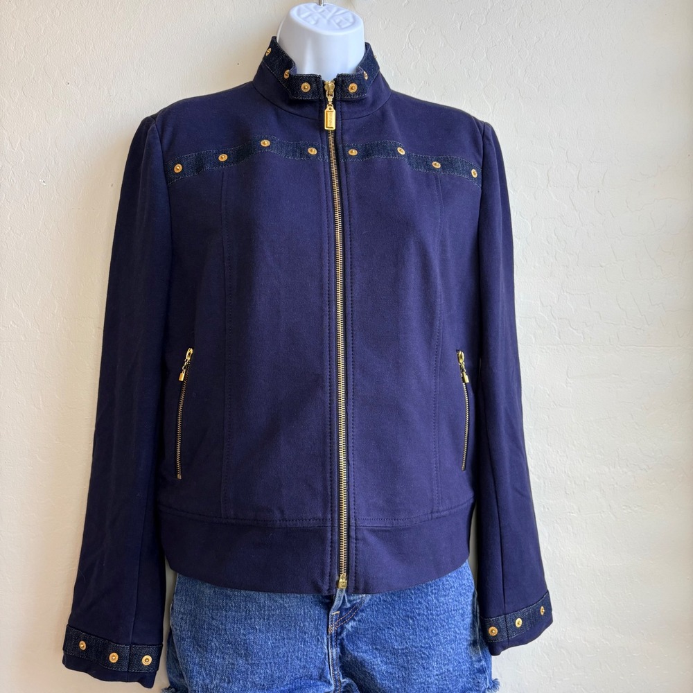 St. John Sport Collection Navy Blue Denim Trim Gold Small Button Jacket Womens‎